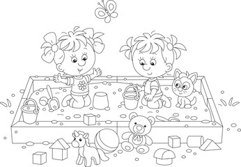 Happy little girls friendly talking, romping and playing with their toys in a sandbox on a playground in a park, black and white vector cartoon illustration for a coloring book