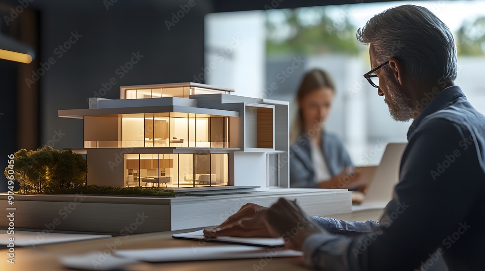 Poster architect reviewing a model of a modern house with large windows.