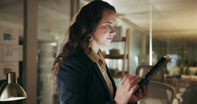 Lawyer, scroll and woman with tablet, research and planning for legal project, brainstorming and case notes. Attorney, consultant and employee with tech, computer and night with idea for business