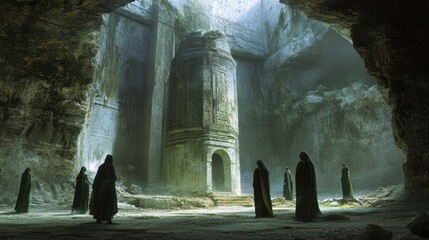 Figures in Robes Standing Before Ancient Stone Structure in a Cave