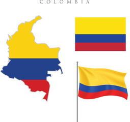 The flag and map of Colombia. Flag icon. Standard color. Standard size. Rectangular flag. Computer illustration. Digital illustration. Vector illustration