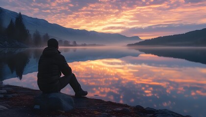 Elegant lakeside solitude at sunrise with reflections dancing on tranquil water surface