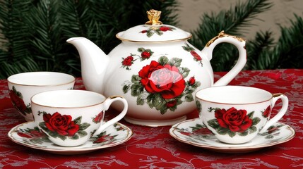 Fototapeta premium A delicate teapot adorned with floral designs and gold trimmings is presented with matching cups and saucers, ideal for an elegant afternoon tea gathering