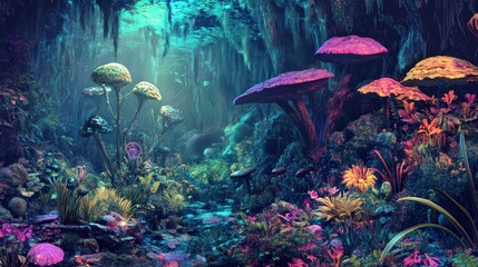 A surreal, vibrant jungle scene with glowing mushrooms and a rocky path.