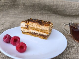 piece of delicious cake on a white plate. High quality photos