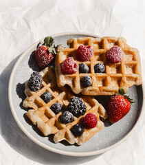 Waffles topped with fresh berries and powdered sugar on a plate