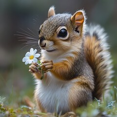 Obraz premium Cute squirrel holding a white daisy flower, wildlife, nature, animal, adorable, furry