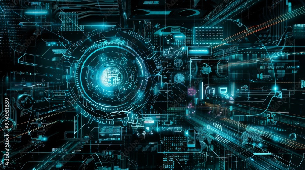 Poster a futuristic digital background with a circular object. ai.