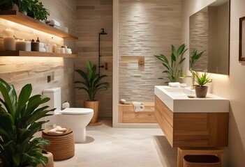 a bathroom with a toilet, a sink, and a tub with plants on the floor.
