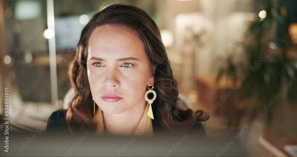 Poster Face, woman and reading on computer at night with online research for deadline and overtime at office. Female person, employee and concentration as administrator for email notification and schedule