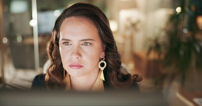 Face, woman and reading on computer at night with online research for deadline and overtime at office. Female person, employee and concentration as administrator for email notification and schedule