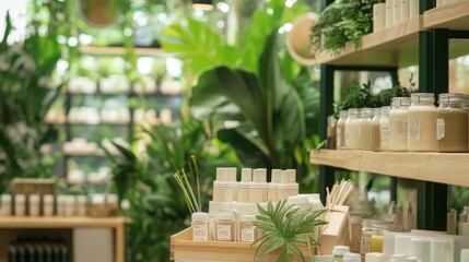 A calming store showcases an array of natural cosmetics surrounded by lush green plants, inviting customers to explore sustainable beauty options in a tranquil space