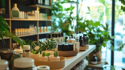 A store showcases natural cosmetics, surrounded by lush green plants and neatly arranged jars, creating a calming shopping experience for customers