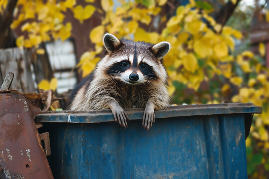 raccoon in a trash container, trash waste garbage and cute raccoon