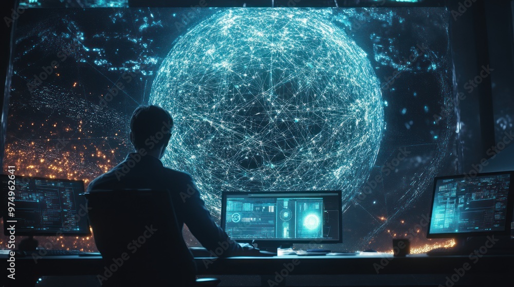 Poster silhouette of a hacker facing a holographic earth network