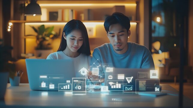 Couple working together on laptops with digital interface showing online shopping and e-commerce icons.