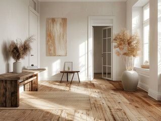 A serene Scandinavian style interior featuring wooden bench, dried plants, and natural light streaming through large windows. warm tones create cozy atmosphere