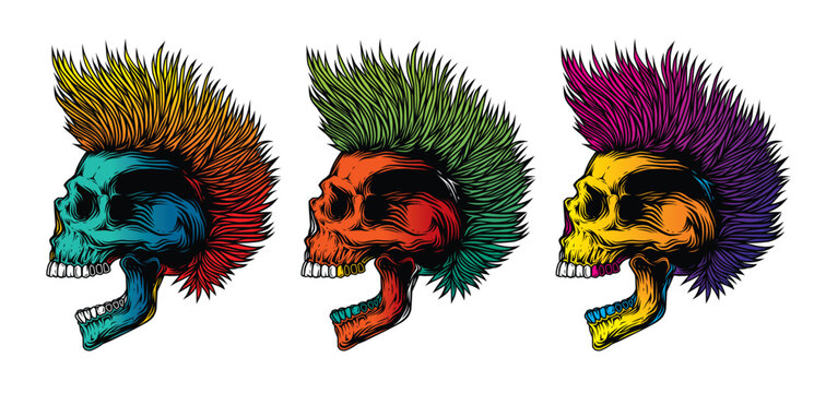A skull with an open mouth and a punk rock hairstyle. T-shirt design, stickers, print.