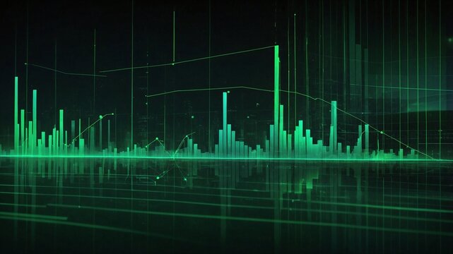 Futuristische Technologie-Darstellung: Gl&uuml;hender gr&uuml;ner Hintergrund mit Diagramm von Finanzdaten