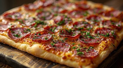 Delicious Closeup of Salami Pizza Topped with Melted Cheese