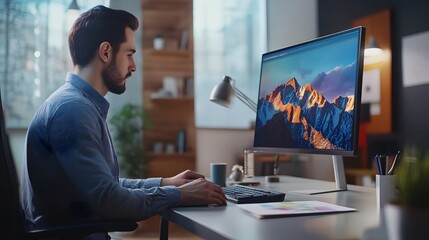 Man Working on Computer with Mountain Desktop Background