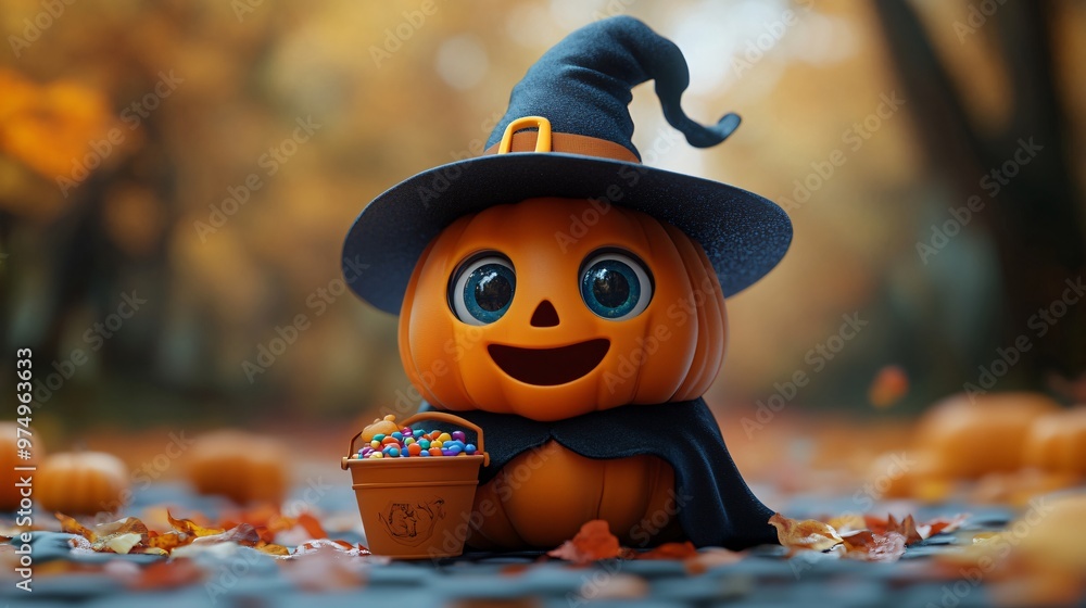 Wall mural Cute cartoon pumpkin character with candy bucket