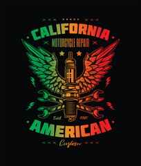 Retro poster. Spark plug and wrenches against the background of wings. Original vector illustration in vintage style. T-shirt design.