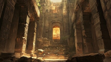 Ancient Stone Staircase Leading to a Doorway in a Ruined Temple
