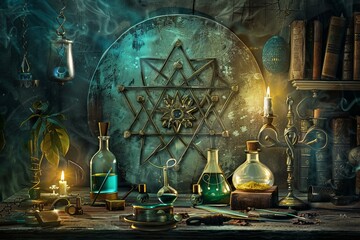 Ancient alchemist's workshop showing a mysterious symbol and glowing potions, with candles burning and old books on the shelves