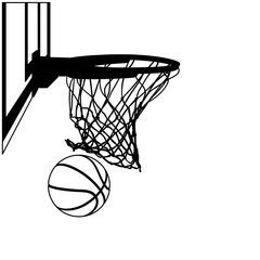 BASKETBALL SWISH Score, Orange Ball through a net, hoop rim, single line drawing, illustration, basket logo, Perfect for logos, cutting, printing, embroidery, SVG vector file © Asta
