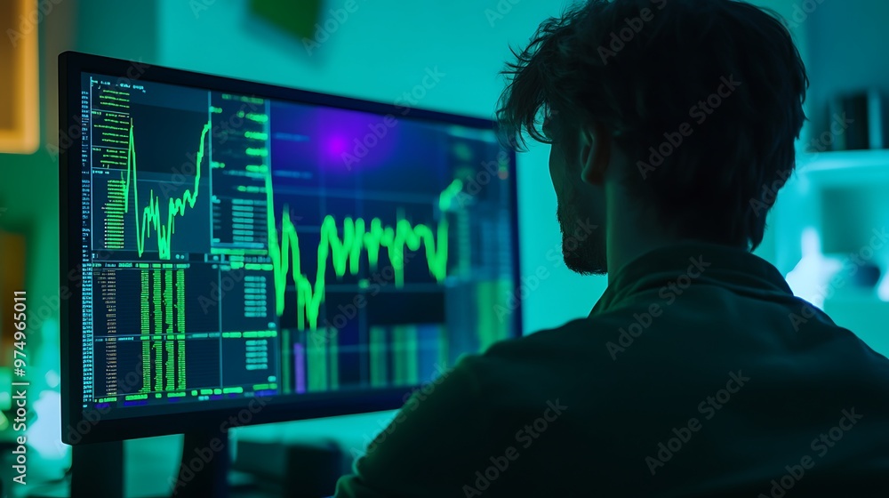 Poster silhouette of a man working on a computer with a stock chart on screen. concept of financial analysi
