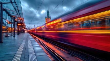 Fototapeta premium A train speeding through a station, with blurred motion and long exposure, electric energy, the scene features red and yellow lights, with the city center in the background