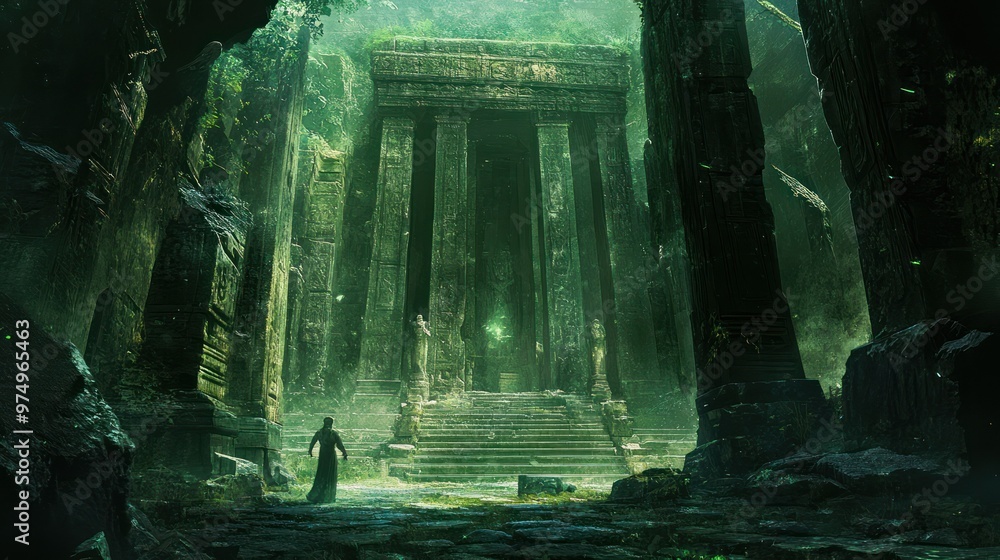 Canvas Prints A lone figure approaches an overgrown temple entrance