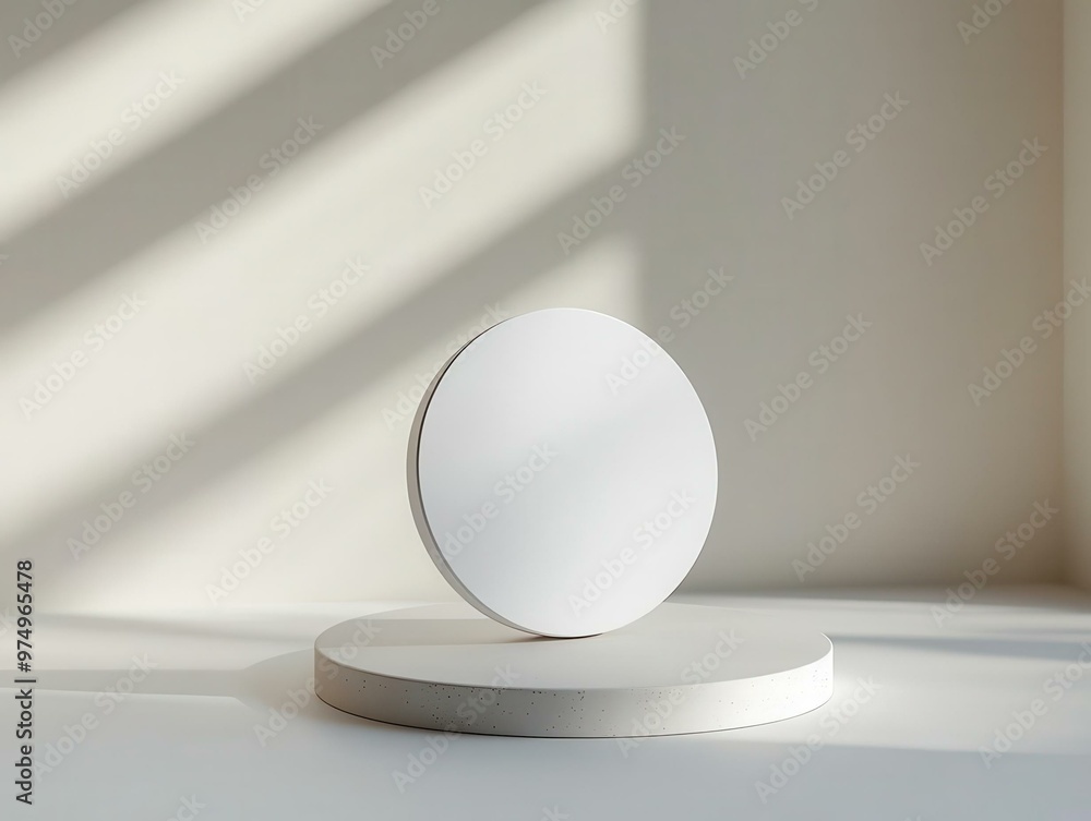Poster minimalist design with a circular shape on a smooth platform, showcasing soft lighting and shadows f