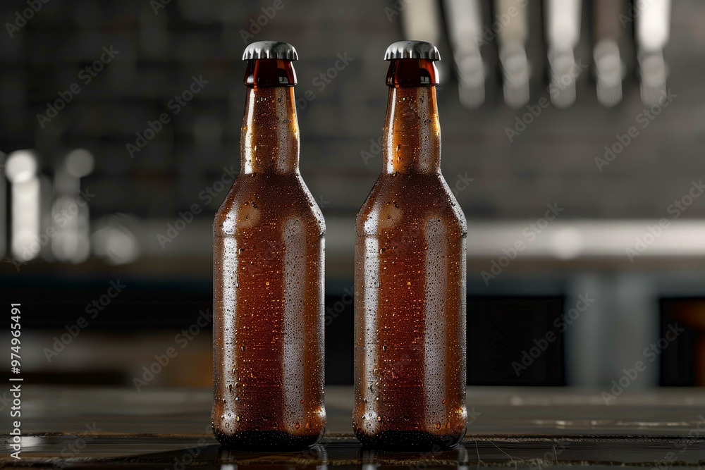Poster two wet beer bottles standing on a bar counter with a blurred background