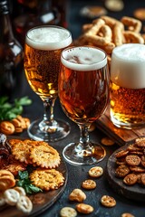 Close up of three glasses of beer with various salty snacks