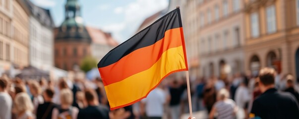 Germany flag against the background of the city and the crowd.  National Festival.  The frg symbol.  German Unity Day.  Travel and tourism