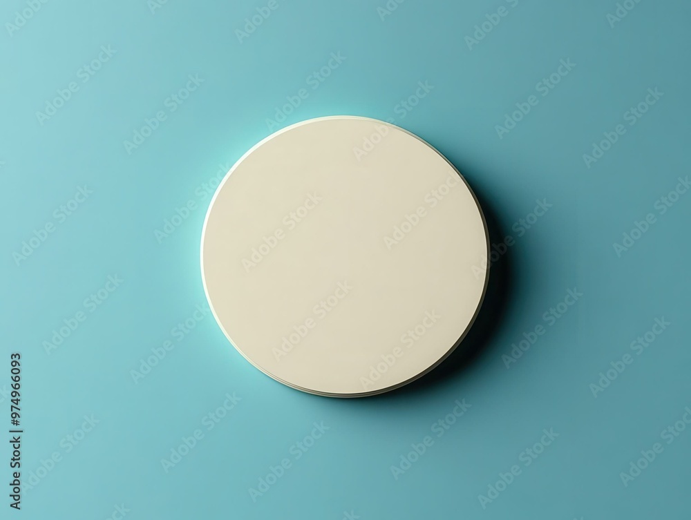 Poster a minimalistic circular object with a smooth surface, artistically placed on a teal background, perf