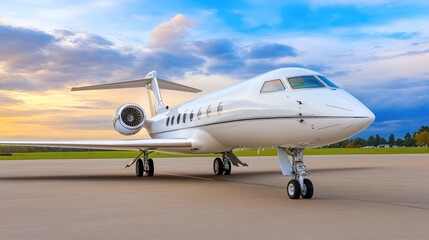 Obraz premium A private jet is parked on the tarmac, showcasing its sleek nose and powerful engine as the sun sets, illuminating the sky with vivid orange clouds and soft blue hues