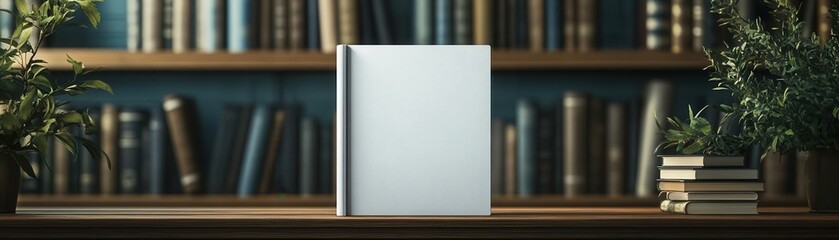 A minimalist writing space featuring a blank book on a wooden shelf amidst lush greenery and classic literature.