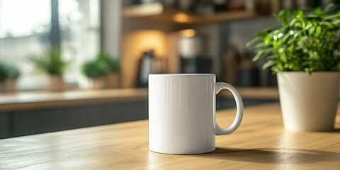 A simple white mug displayed on a wooden table, with green plants in a cozy kitchen setting, perfect for coffee lovers.