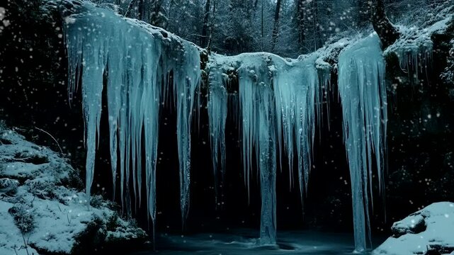 Frozen waterfall with icicles at night in a winter forest. Seamless looping 4k time-lapse video background
