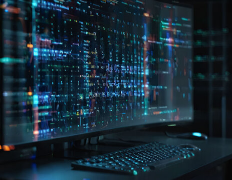 Close-up of colorful computer code on a monitor, with a blurred background, depicting the concept of programming