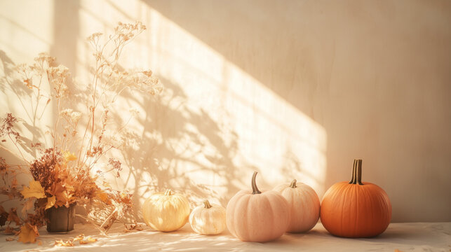 hazy autumn still life scene with pumpkins fall leaves white orange yellow golden sunlight shadows from window gourd squash thanksgiving space for text background backdrop