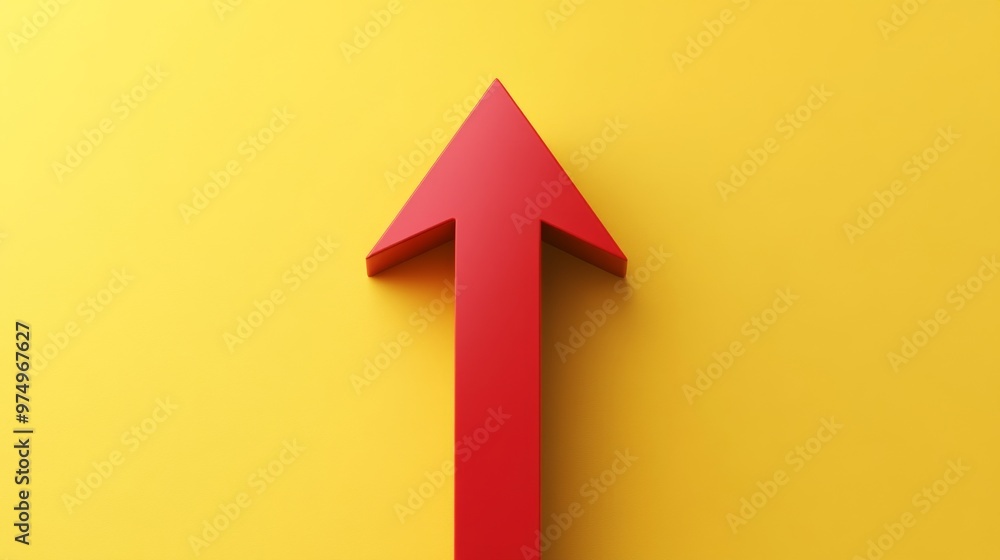 Poster red arrow pointing upwards on yellow background, direction and progress concept