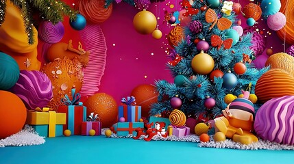  A colorful Christmas tree stands tall in a vibrant room, surrounded by gifts scattered on the ground