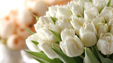   A bouquet of white tulips in front of other white tulips in the background