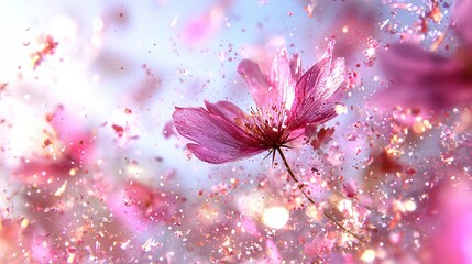   A pink flower atop a pink bloom with gold and pink speckles against a blue background