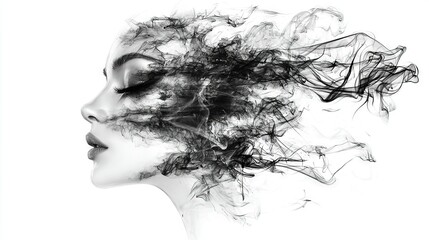 Fototapeta premium Black and White photo of a woman with smoky eyes and blowing hair in the wind