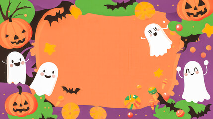 Naklejka premium Cute Halloween-themed frame with smiling ghosts, pumpkins, bats, and candy on an orange and purple background.